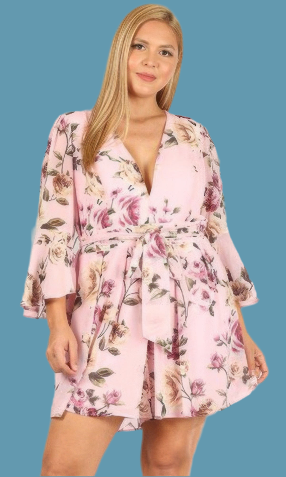 Floral Chiffon 3 4 Sleeve Tie Waist Romper