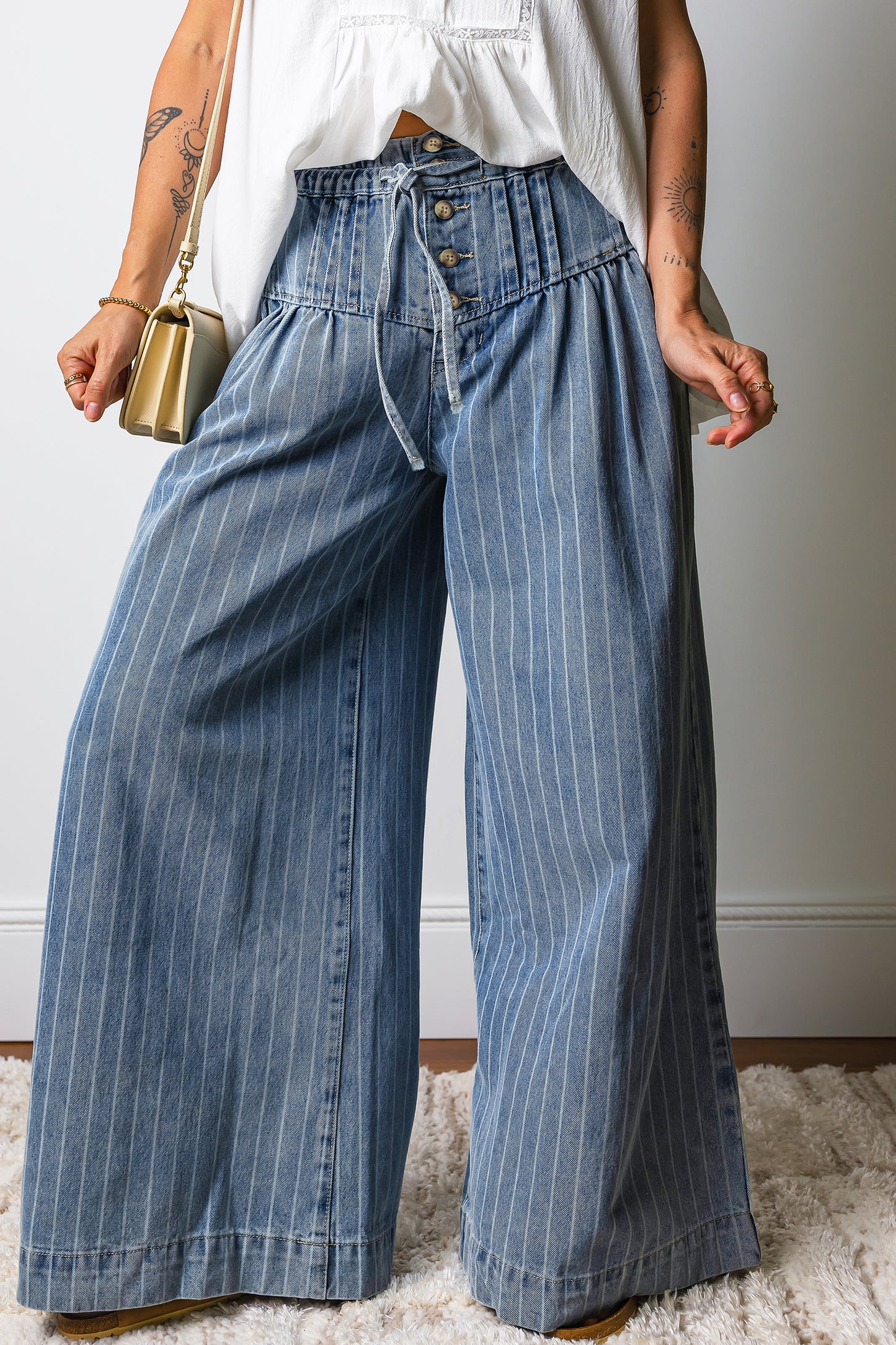 90s Style Drawstring Wide Legged Pinstripe Jean