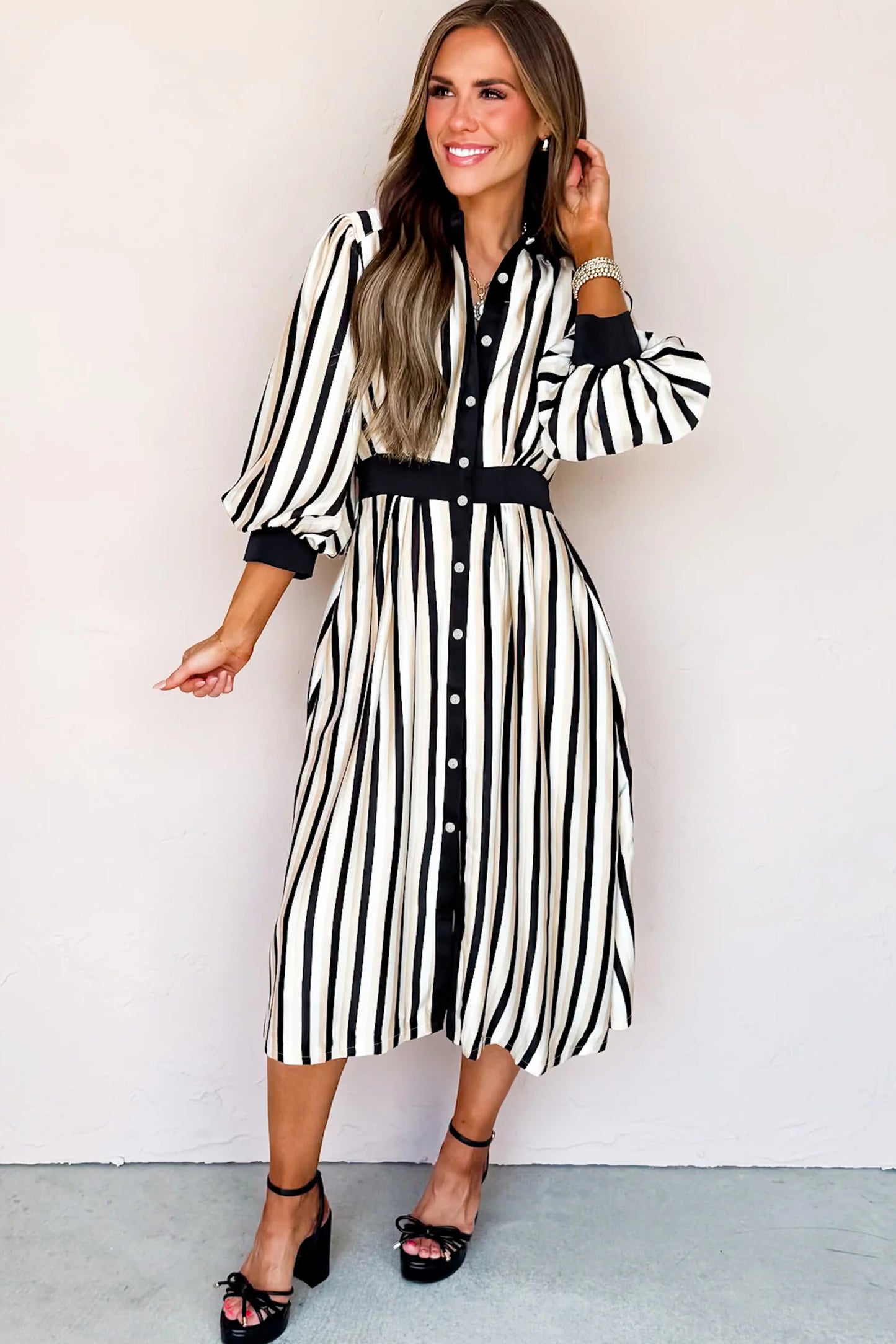 Striped Puff Sleeve Shirtdress