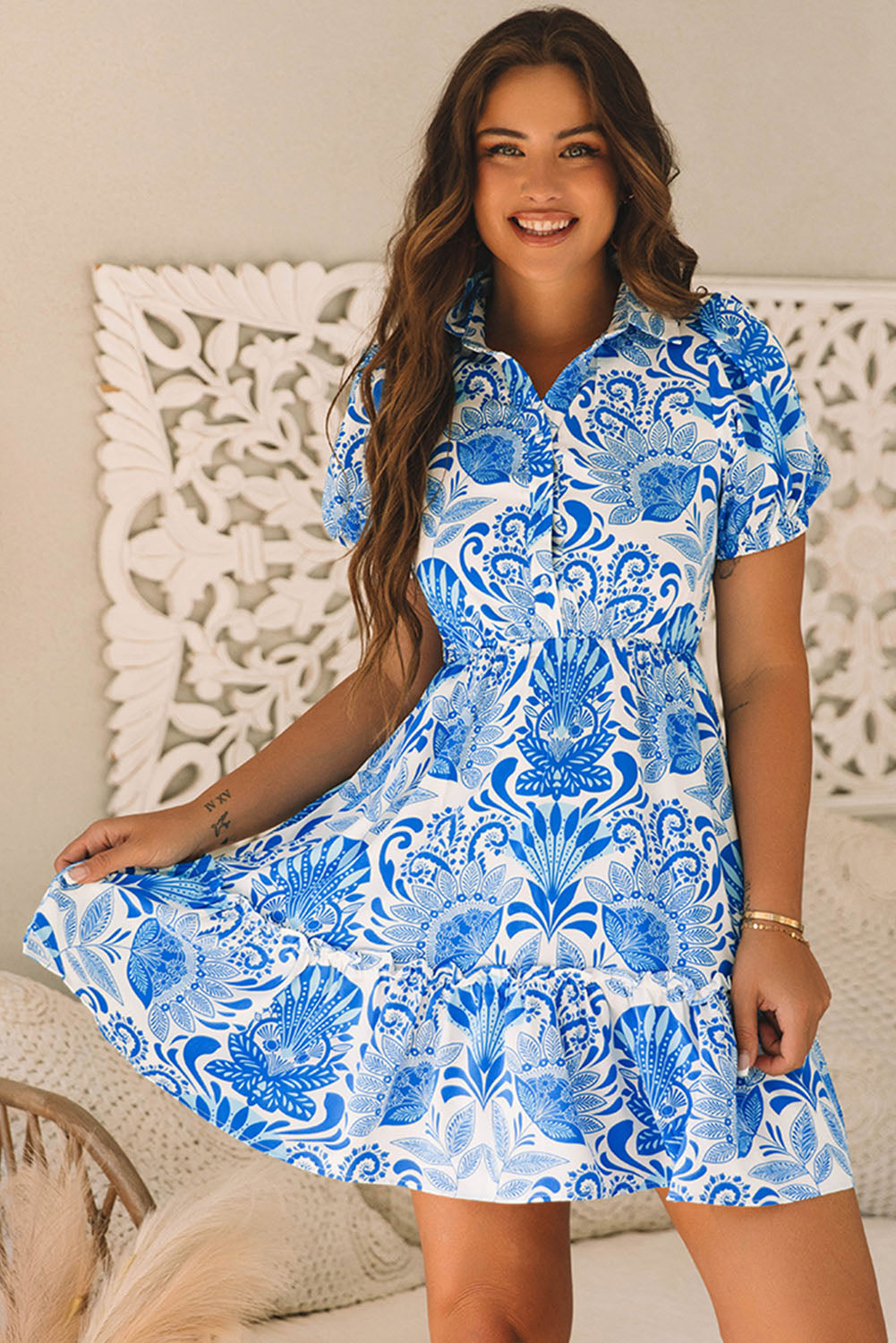 Retro Floral Ruffled Mini Dress