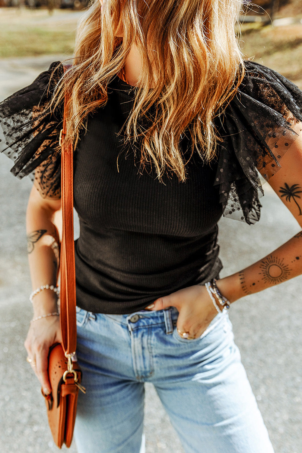 Dotty Mesh Ruffle Sleeve Ribbed Knit Top