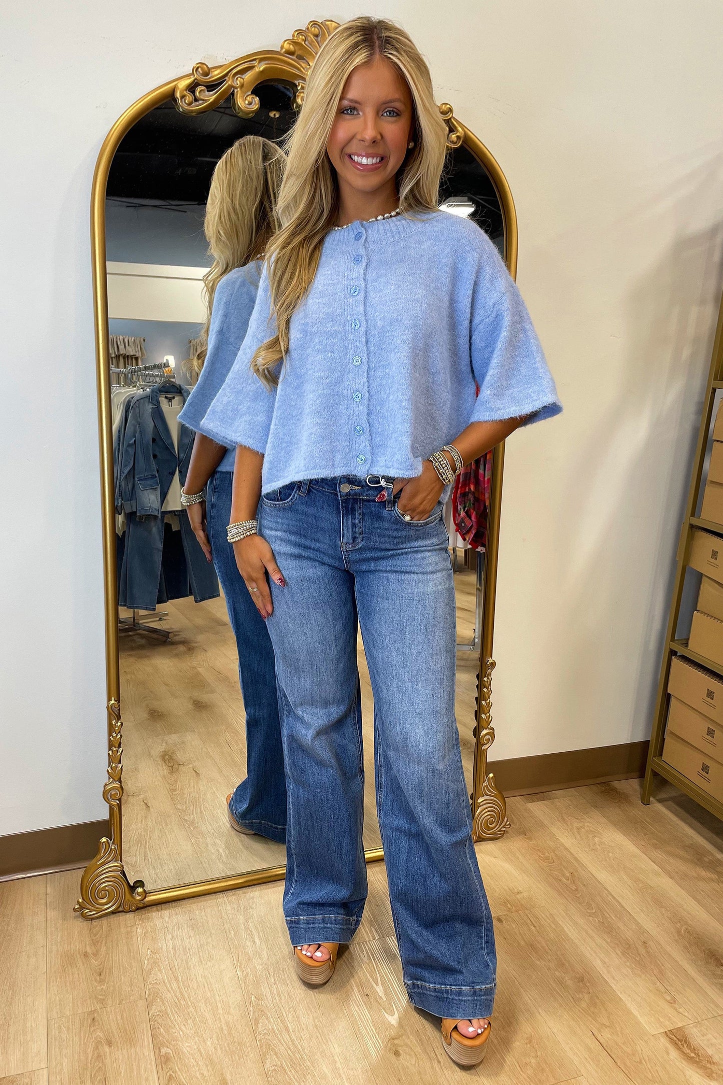 3/4 Sleeve Cropped Boxy Knit Cardigan