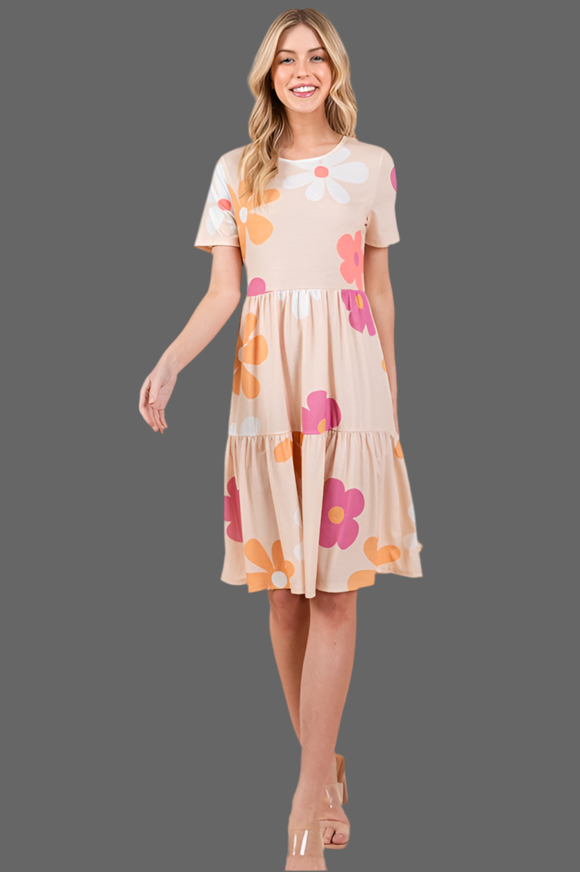 BOMBOM Floral Round Neck Short Sleeve Tiered Dress