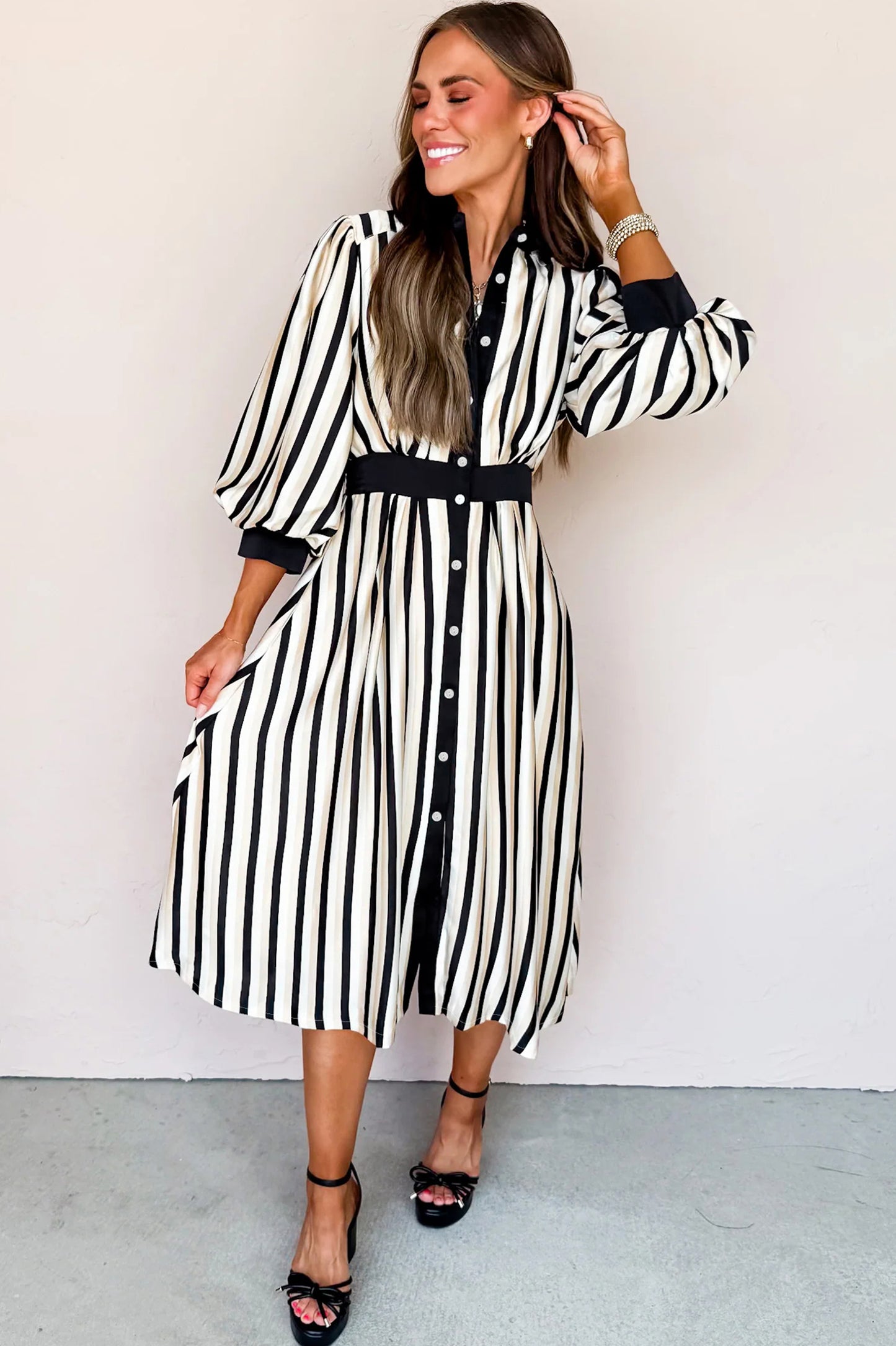 Striped Puff Sleeve Shirtdress