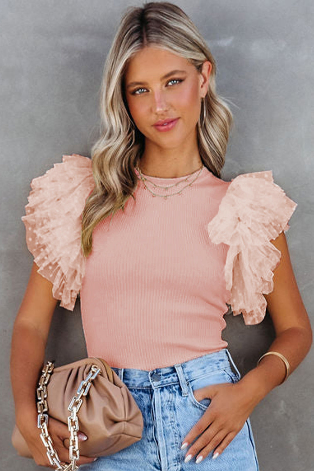 Dotty Mesh Ruffle Ribbed Top