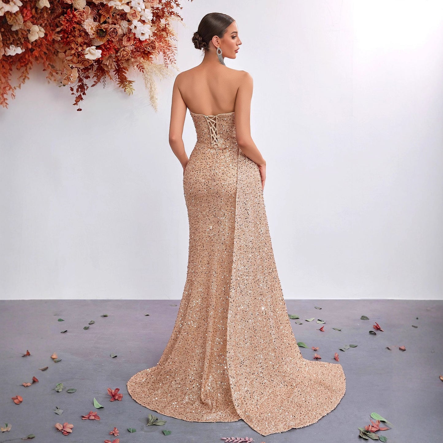 Goddess Style Strapless Sequin Formal Gown