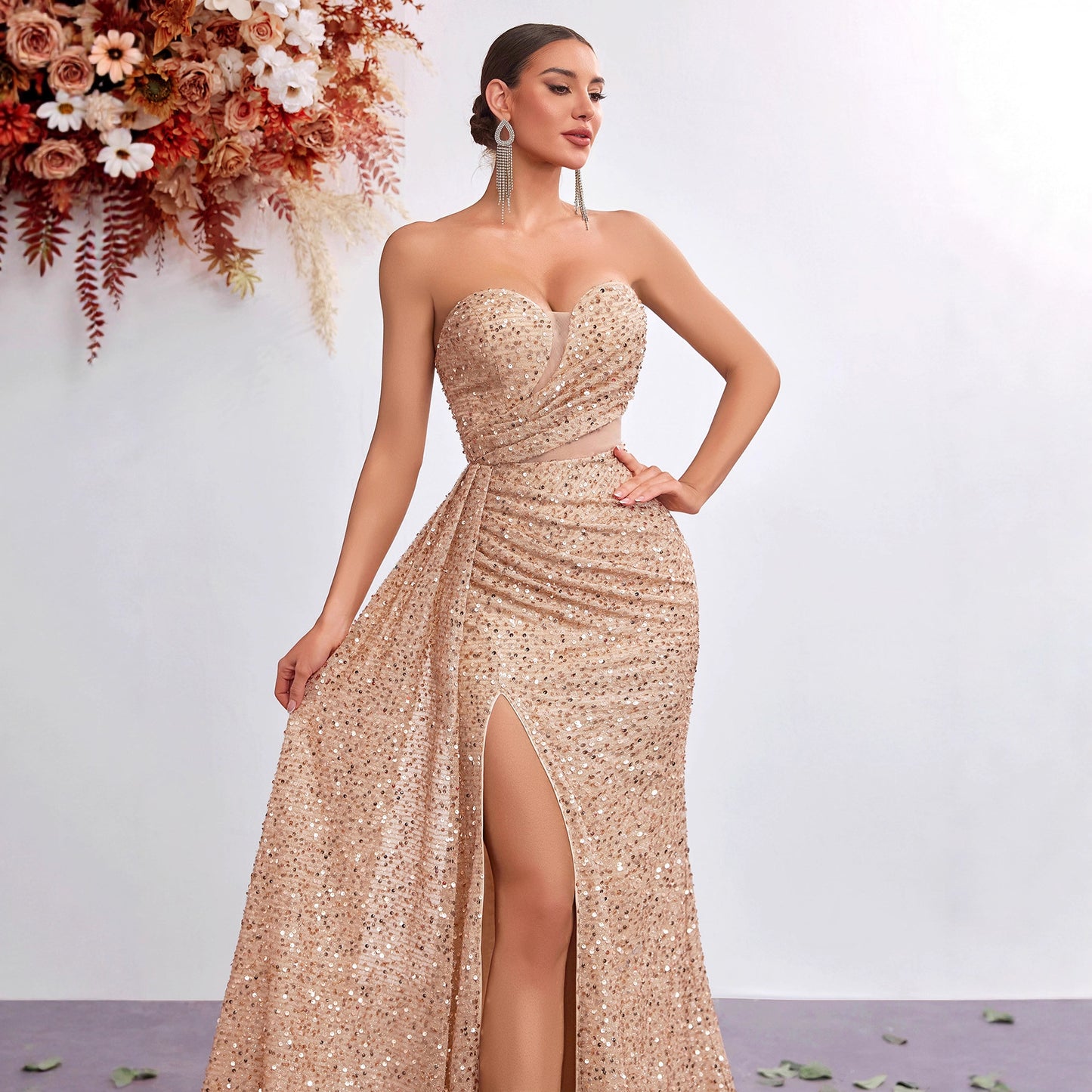 Goddess Style Strapless Sequin Formal Gown