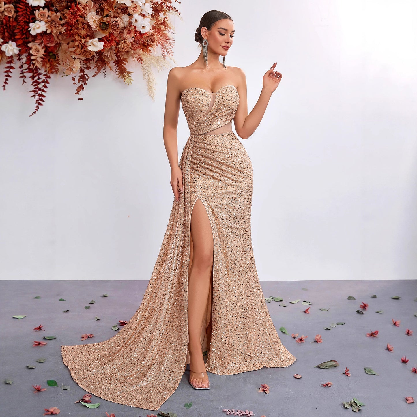 Goddess Style Strapless Sequin Formal Gown