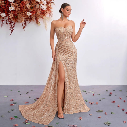 Goddess Style Strapless Sequin Formal Gown