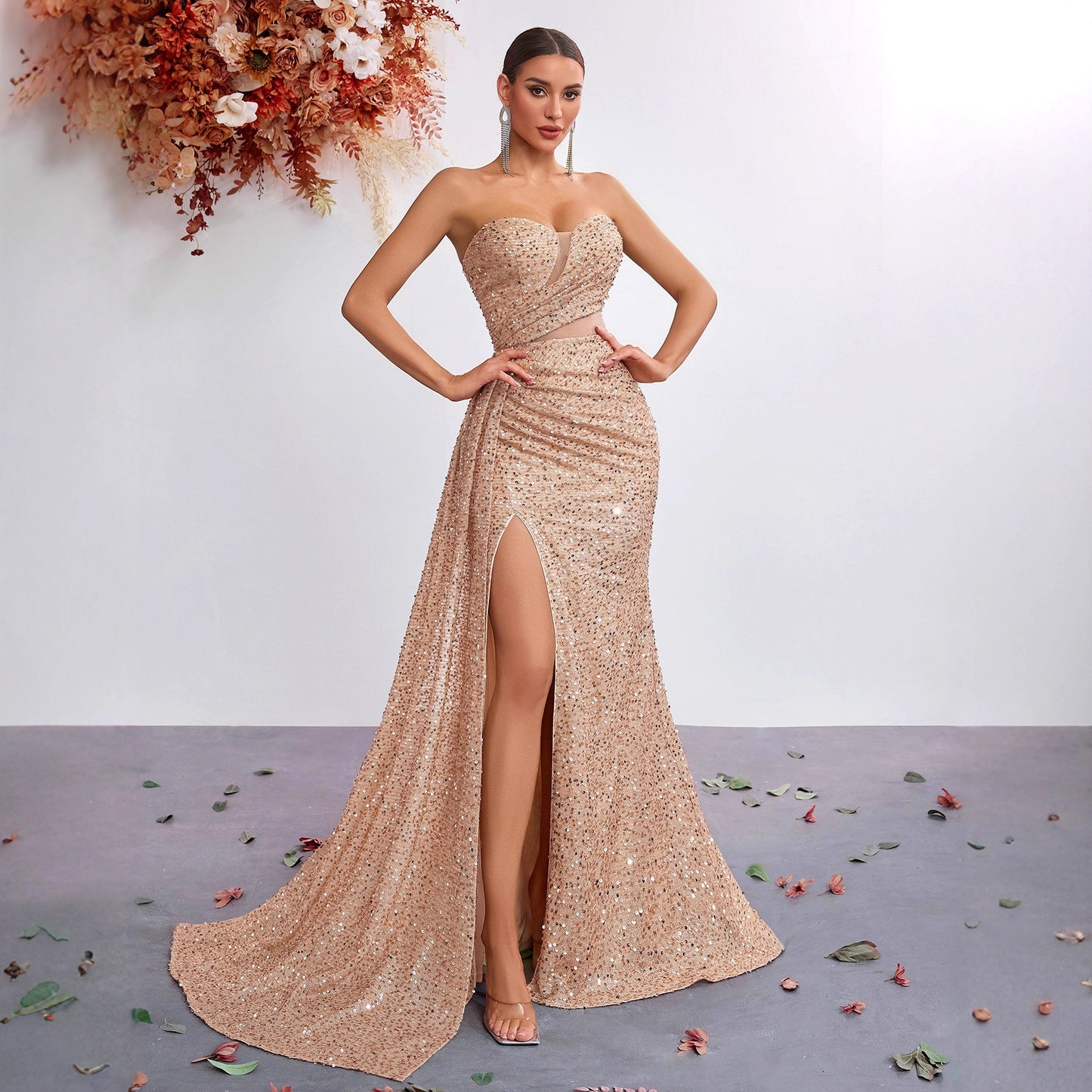 Goddess Style Strapless Sequin Formal Gown