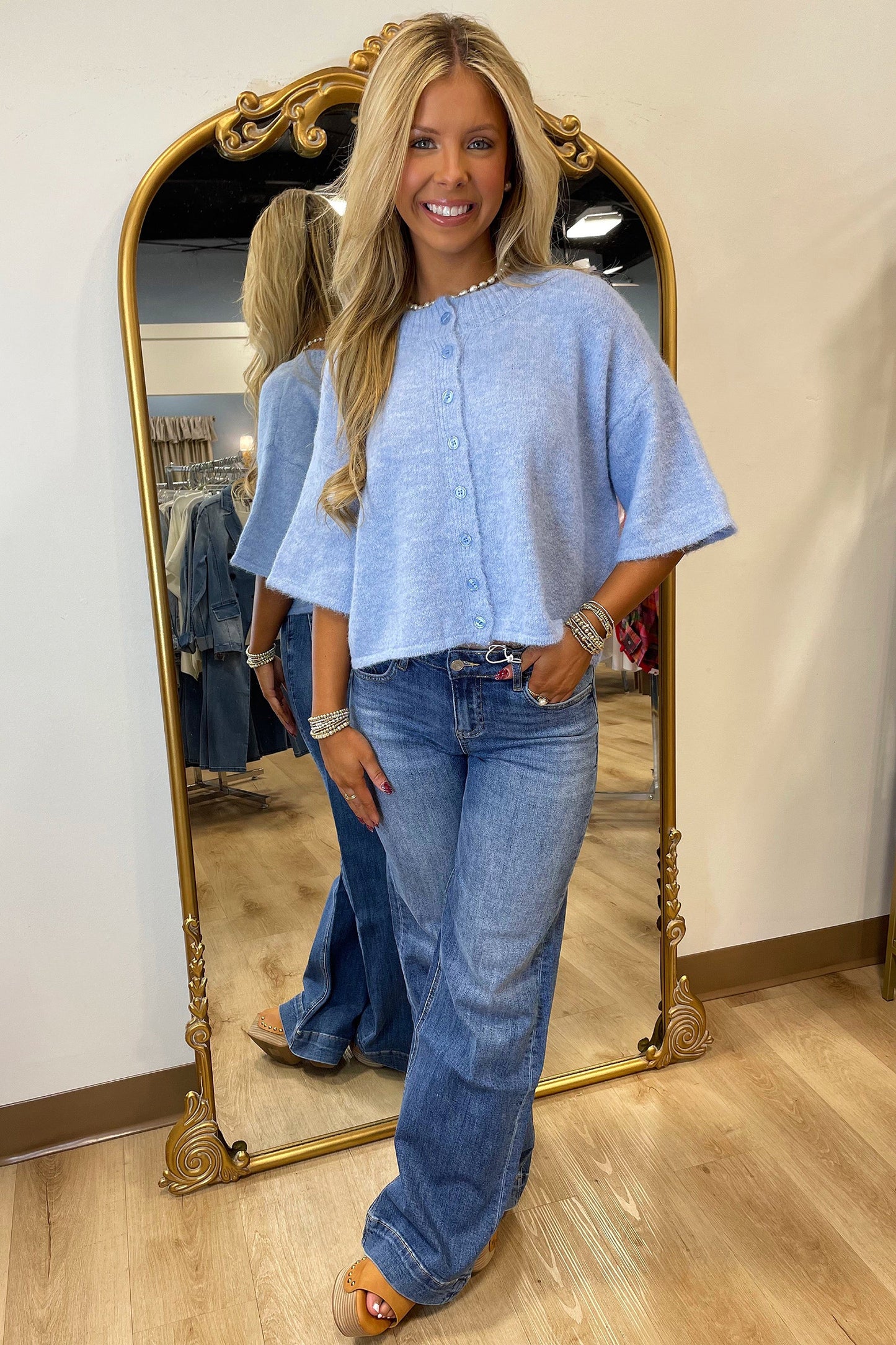 3/4 Sleeve Cropped Boxy Knit Cardigan